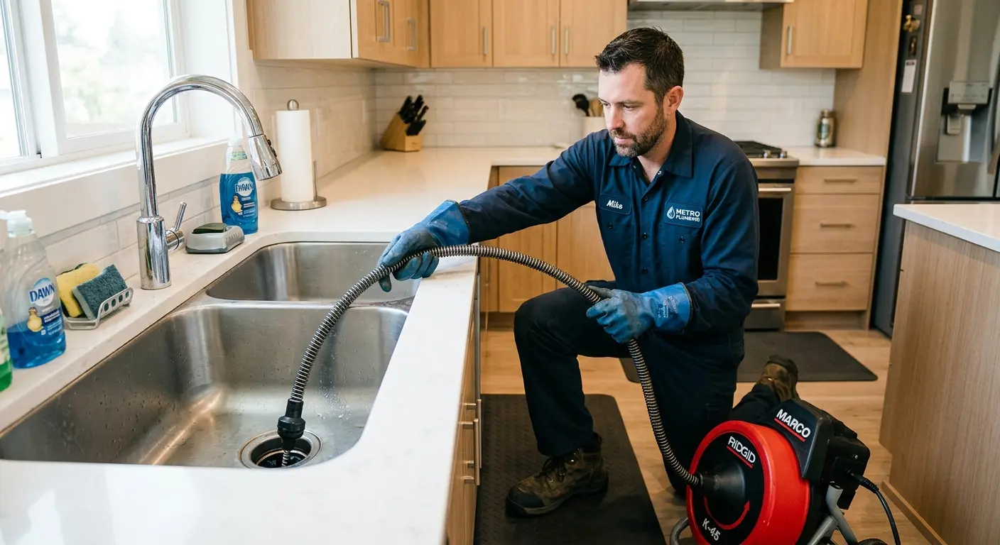 Drain cleaning technician using a motorized snake on a kitchen sink in Pomona