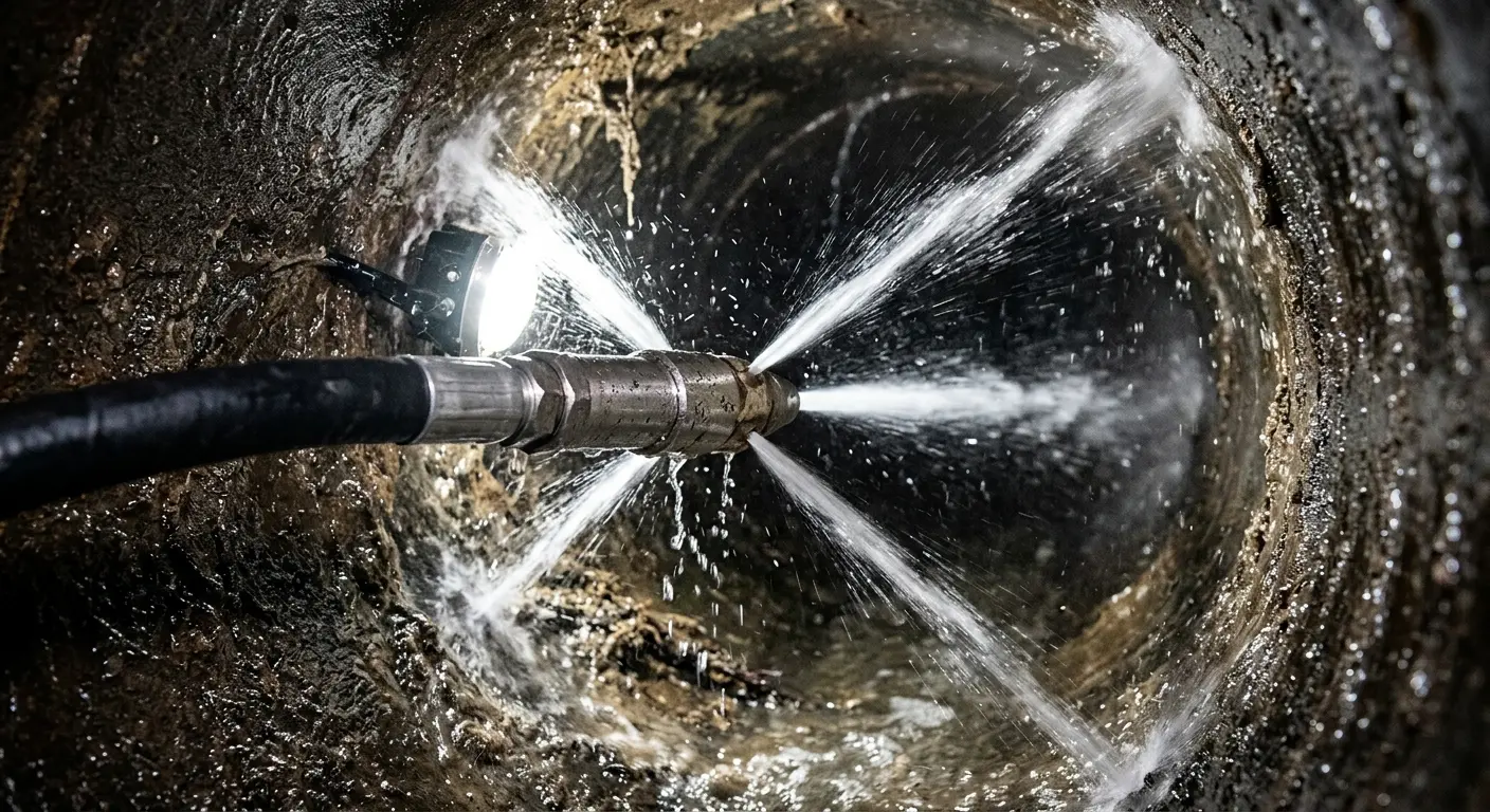 High-pressure hydro jetting nozzle cleaning sewer pipe for Sewer Cleanout in Pomona