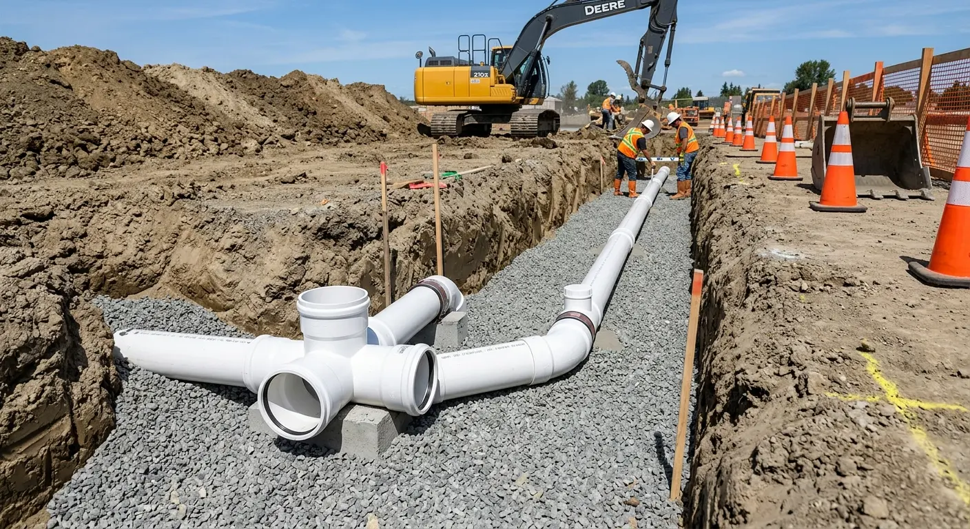 New PVC sewer pipe installation in open trench for Commercial Drain Cleaning in Pomona