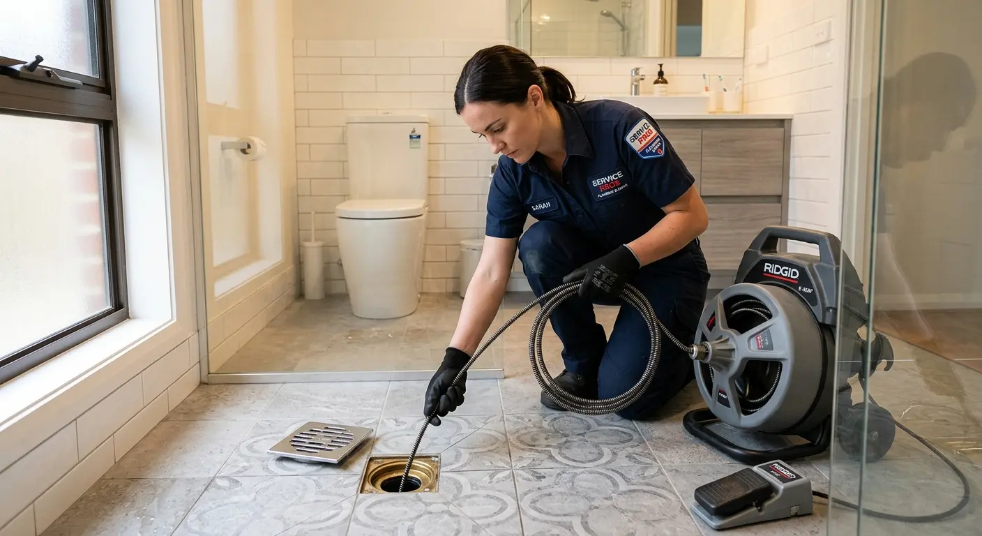 Technician clearing a bathroom floor drain for Clogged Drain Repair in Pomona
